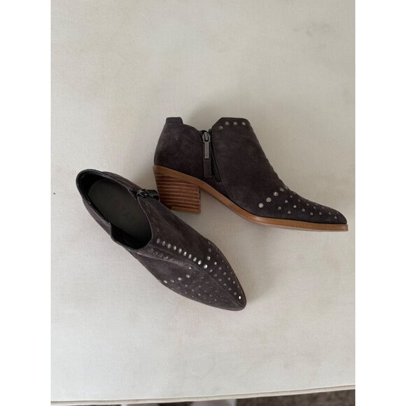 1. State Loka Studded Suede Ankle Bootie Wood Block Heel Almond Toe Size 8M Gray - Picture 14 of 15